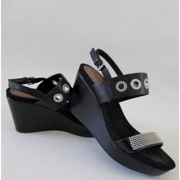 DONALD J. PLINERNWOT JERRI Black Bead Embellished Wedge Sandals Sz 8.5